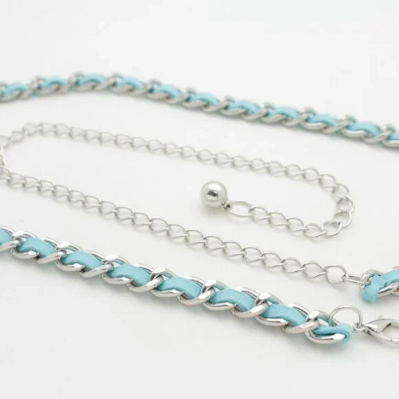 Women Skinny Silver Metal Chain Link Belt Turquoise Blue Waistband Size M L XL - Picture 7 of 17